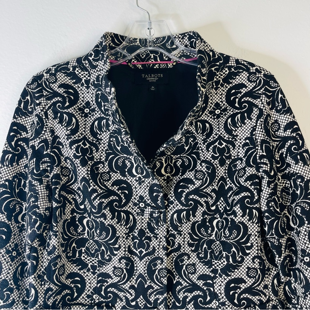 Talbots black white floral lace preppy office button blazer 4P - Picture 2 of 8